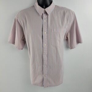 L.L.Bean short sleeve button down shirt mens L red blue striped 757